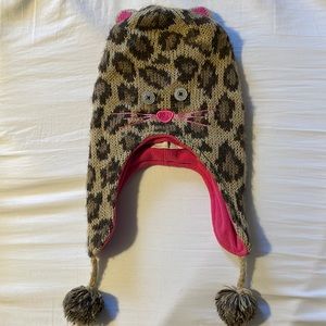 Children’s leopard print/pink cat face hat with tassels